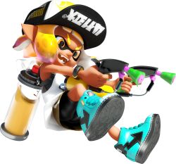 Rule 34 | 1girl, 3d, absurdres, bare arms, baseball cap, bike shorts, blonde hair, blue shoes, dynamic pose, eye mask, full body, gradient hair, hat, highres, holding, holding weapon, ink tank (splatoon), inkling, inkling girl, inkling player character, looking ahead, miniskirt, multicolored hair, nintendo, official art, open mouth, orange eyes, shoes, short eyebrows, short hair, sidelocks, skirt, smile, sneakers, solo, splat dualies (splatoon), splatoon (series), splatoon 2, spotted hair, suction cups, surume (splatoon), tan, tank top, tentacle hair, thick eyebrows, transparent background, two-tone hair, v-shaped eyebrows, weapon, white tank top, yellow skirt
