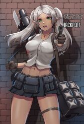 1girl absurdres artist_name brick_wall brown_gloves cosplay devil_may_cry_(series) earrings fluffydus frieren gloves green_eyes gun highres holding holding_gun holding_weapon jewelry kalina_ann_(weapon) lady_(devil_may_cry) lady_(devil_may_cry)_(cosplay) long_hair midriff navel necklace pointy_ears rocket_launcher shirt skirt sousou_no_frieren thigh_strap twintails weapon white_hair white_shirt