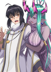 1girl 1other ahoge androgynous aqua_hair bare_shoulders black_hair braid braided_ponytail breasts brown_eyes colored_skin earrings eyeliner fate/grand_order fate/samurai_remnant fate_(series) grey_skin hair_between_eyes highres horns ibuki_douji_(fate) ibuki_douji_(second_ascension)_(fate) jewelry ksfactory large_breasts long_hair long_sleeves makeup multicolored_hair necklace oni oni_horns open_mouth pink_hair pointy_ears red_eyes ribbed_sweater saber_(fate/samurai_remnant) shirt sidelocks sleeveless sleeveless_sweater sweater turtleneck turtleneck_sweater white_shirt wide_sleeves yamato_takeru_(fate)