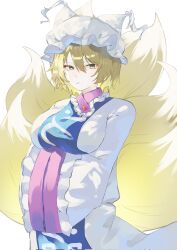 1girl 5swcf1iy8k31657 animal_ears blonde_hair blue_tabard breasts buttons closed_mouth cowboy_shot dress fox_ears fox_girl fox_tail frills hair_between_eyes hands_in_opposite_sleeves hat highres large_breasts long_sleeves looking_at_viewer mob_cap multiple_tails short_hair simple_background solo standing tabard tail touhou white_background white_dress white_hat wide_sleeves yakumo_ran yellow_eyes