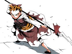 Rule 34 | 1girl, androgynous, animal print, bishamonten&#039;s spear, black bow, black bowtie, black hair, black shoes, bow, bowtie, closed mouth, commentary request, fighting stance, frown, full body, long sleeves, looking at viewer, multicolored hair, onikobe rin, orange hair, polearm, red skirt, red vest, shirt, shoes, short hair, skirt, solo, spear, streaked hair, tiger print, toramaru shou, touhou, undercut, v-shaped eyebrows, very short hair, vest, weapon, white background, white shirt