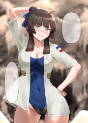 1girl blue_one-piece_swimsuit blunt_bangs blunt_sidelocks breasts casual_one-piece_swimsuit cleavage collared_shirt commentary_request covered_navel cowboy_shot dress_shirt freckles green_eyes hair_bun hand_on_own_hip highres ichikawa_feesu kantai_collection long_hair medium_breasts mogador_(kancolle) one-piece_swimsuit open_clothes open_shirt parted_bangs shirt sidelocks smile solo speech_bubble swimsuit template white_shirt