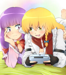 2girls black_gloves blonde_hair blunt_bangs blush bow bowtie braid closed_mouth collared_shirt commentary_request cookie_(touhou) dress frilled_shirt_collar frilled_sleeves frills game_boy_advance gloves hair_between_eyes hair_bow hand_on_another&#039;s_shoulder hand_on_own_cheek hand_on_own_face handheld_game_console holding holding_handheld_game_console kirisame_marisa long_hair long_sleeves looking_at_another looking_to_the_side lying mars_(cookie) meis_(terameisu) multiple_girls on_stomach open_mouth partially_fingerless_gloves patchouli_knowledge purple_dress purple_eyes purple_hair red_bow red_bowtie shirt side_braid single_braid smile taisa_(cookie) touhou upper_body white_shirt yuri