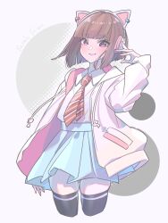 1girl absurdres animal_ear_headphones animal_ears black_thighhighs blue_skirt blunt_bangs blunt_ends bob_cut brown_hair cat_ear_headphones character_name collared_shirt commentary cropped_legs dress_shirt fake_animal_ears headphones highres hood hooded_jacket ikizulive!_love_live!_bluebird inverted_bob jacket kirisaki_nuko long_sleeves love_live! miniskirt open_clothes open_jacket pleated_skirt purple_eyes sasaki_shion shirt skindentation skirt solo thighhighs white_jacket white_shirt zettai_ryouiki