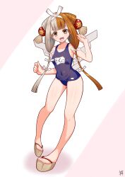Rule 34 | 1girl, absurdres, bare shoulders, blue one-piece swimsuit, blunt bangs, blush, breasts, brown hair, covered navel, fate/grand order, fate (series), full body, guriguri (arayotto4351), hair ornament, hair ribbon, highres, izumo no okuni (fate), long hair, looking at viewer, medium breasts, multicolored hair, name tag, one-piece swimsuit, open mouth, ribbon, sandals, sidelocks, smile, solo, split-color hair, swimsuit, two-tone hair, white hair, yellow eyes