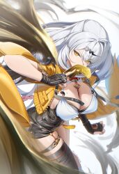 1girl black_gloves black_shorts breasts cleavage commentary_request fingerless_gloves gloves hair_ornament hairclip high-waist_shorts highres hino_kagutsuki holding_ofuda jacket large_breasts long_hair looking_to_the_side mole mole_on_breast shorts single_thighhigh solo thighhighs white_background white_hair yellow_eyes yellow_jacket yin_yang_pin yixuan_(zenless_zone_zero) zenless_zone_zero