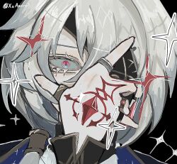 1boy anaxa_(honkai:_star_rail) arm_up black_background close-up colored_eyelashes eyepatch gem hand_on_own_face highres honkai:_star_rail honkai_(series) jewelry looking_at_viewer male_focus multicolored_eyes multiple_rings parted_bangs red_gemstone ring simple_background solo twitter_username upper_body white_hair xxazenxx
