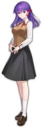 1girl black_skirt brown_shoes closed_mouth collarbone fate/stay_night fate_(series) full_body hair_ribbon heaven&#039;s_feel highres homurabara_academy_school_uniform kneehighs loafers long_hair long_skirt long_sleeves looking_at_viewer mahjong_soul matou_sakura neck_ribbon official_art purple_eyes purple_hair red_ribbon ribbon school_uniform shirt shoes skirt smile socks solo standing transparent_background white_shirt white_socks