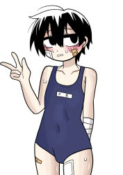 1boy bandage_on_face bandage_on_leg bandages bellybutton_visible_through_clothes hoonirl lee_hoon one-piece_swimsuit suicide_boy swimsuit wet white_background