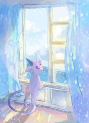Rule 34 | animal focus, bright pupils, curtains, espeon, forehead jewel, full body, gen 2 pokemon, highres, indoors, light particles, looking outside, nintendo, no humans, ocean, open mouth, pokemon, pokemon (creature), purple eyes, solo, forked tail, volpecorvo, white pupils, window