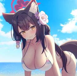 1girl all_fours animal_ear_fluff animal_ears bare_arms bare_shoulders bikini black_hair blue_archive blue_flower blush breasts cleavage closed_mouth flower fox_ears fox_girl fox_tail hair_between_eyes hair_flower hair_ornament iggy@cafe large_breasts long_hair official_alternate_costume pink_flower purple_flower sidelocks smile solo swimsuit tail wakamo_(blue_archive) wakamo_(swimsuit)_(blue_archive) white_bikini yellow_eyes