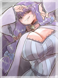 Rule 34 | 1girl, alternate breast size, arms up, black eyes, blue bow, blunt bangs, blush, bow, breasts, cigarette, cleavage, commentary request, cookie (touhou), dress, grey dress, grin, hair bow, highres, holding, holding cigarette, huge breasts, itini-sanshi, long hair, looking at viewer, multiple hair bows, patchouli knowledge, purple hair, red bow, shaded face, sharp teeth, smile, solo, striped clothes, striped dress, taisa (cookie), teeth, touhou, upper body, vertical-striped clothes, vertical-striped dress, very long hair