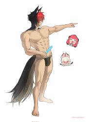 abs alice_thymefield animal_ears blonde_hair blush bulge dog_boy food highres jockstrap komano_manato large_pectorals male_underwear multicolored_hair multiple_scars muscular muscular_male pectorals pointing popsicle red_hair scar short_hair supkartoply tail ukinami_yuzuha underwear underwear_only white_background zenless_zone_zero