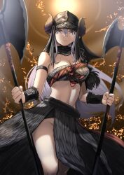 Rule 34 | 1girl, absurdres, alternate costume, armlet, armor, armpit crease, bandana, bandana around neck, bandeau, barbarian, bracer, breasts, brown background, brown horns, cleavage, closed mouth, coif, commentary request, demon horns, dual wielding, embers, eyelashes, feet out of frame, forehead protector, frown, fur bandeau, fur skirt, gradient horns, grey bandana, groin, hair between eyes, halberd, highres, holding, holding polearm, holding weapon, honey strap, horns, jewelry, linea alba, long bangs, long hair, long sidelocks, long skirt, looking at viewer, medium breasts, mole, mole under mouth, multicolored horns, nanashi inc., navel, polearm, purple eyes, purple hair, purple horns, saionji mary, sankyo (821-scoville), shoulder armor, side slit, sidelocks, single bare shoulder, skirt, solo, split mouth, sun, very long hair, virtual youtuber, warrior, weapon