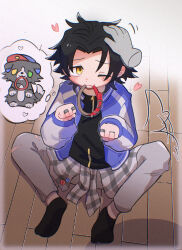 1boy :3 animalization ankle_socks badge bags_under_eyes baseball_cap black_hair black_shirt black_socks blue_jacket blurry_border blush border button_badge closed_mouth clothes_around_waist curtained_hair disembodied_hand dog dot_nose drawn_tail ear_blush fading_border film_grain from_above green_eyes grey_pants hat headpat heart heterochromia highres hypnosis_mic image_in_thought_bubble jacket jewelry knees_up loving_aura male_focus mole mole_under_eye motion_lines mouth_hold multiple_rings no_headwear no_shoes on_floor one_eye_closed outline pants parted_bangs paw_pose person_and_animalization pet plaid_clothes plaid_shirt raised_inner_eyebrows ring shadow shirt shirt_around_waist short_hair sitting socks solo_focus speech_bubble spread_legs sukajan suke8364 tail tail_wagging tareme thought_bubble torn_clothes torn_pants white_border white_outline wooden_floor yamada_jiro yellow_eyes zipper