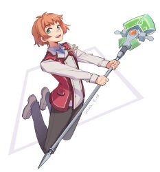 1boy blue_necktie brown_hair dated eiyuu_densetsu elliot_craig feng_you full_body green_eyes hair_between_eyes holding holding_staff jacket loafers long_sleeves mage_staff male_focus necktie open_mouth pants school_uniform sen_no_kiseki_(series) sen_no_kiseki_i shoes short_hair smile solo staff thors_military_academy_class_vii_uniform