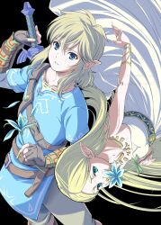 1boy 1girl absurdres belt black_background blonde_hair blue_eyes blue_tunic bracelet brown_belt champion&#039;s_tunic_(zelda) commentary_request dress fingerless_gloves flower gauntlets gloves gold_bracelet green_eyes hair_behind_ear highres holding holding_flower holding_sword holding_weapon jewelry link long_hair master_sword nintendo parted_bangs petals pointy_ears princess_zelda short_hair shoulder_belt sidelocks silent_princess simple_background strapless strapless_dress sword the_legend_of_zelda the_legend_of_zelda:_breath_of_the_wild tomo.puri tunic weapon white_dress