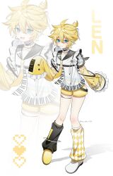 1boy absurdres asymmetrical_footwear asymmetrical_legwear black_choker black_sailor_collar blonde_hair blue_eyes blush choker closed_mouth commentary_request detached_sleeves frilled_choker frilled_sleeves frills full_body hair_between_eyes hand_up headset heart highres kagamine_len korean_commentary leg_warmers looking_at_viewer male_focus mismatched_footwear mismatched_legwear multiple_views necktie nyamnyam_(ny_am_030) open_mouth sailor_collar shirt shoes short_hair short_sleeves shorts simple_background sleeves_past_fingers sleeves_past_wrists standing twitter_username vocaloid white_background white_shirt white_shoes yellow_necktie yellow_shoes yellow_shorts zoom_layer