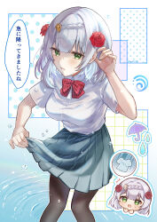 1girl absurdres alternate_costume black_pantyhose bow bowtie braid braided_bangs breasts chibi chibi_inset collared_shirt commentary_request contemporary flower genshin_impact green_eyes green_skirt grey_hair hair_flower hair_ornament hand_in_own_hair hand_up highres hydro_symbol_(genshin_impact) large_breasts leaning_forward looking_at_viewer noelle_(genshin_impact) open_mouth pantyhose pleated_skirt red_bow red_bowtie red_flower red_rose ripples rose school_uniform shirt shirt_tucked_in short_hair short_sleeves skirt skirt_hold speech_bubble spoken_clothes translation_request tsuchinoko_(vjde8458) tucking_hair twitter_username water wet wet_clothes wet_hair white_shirt