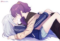 2girls aolaite arms_around_waist asahina_mafuyu between_legs black_pants black_shirt blue_eyes blue_jacket blue_shorts blush cardigan closed_mouth commentary_request eye_contact from_side grey_hair highres hug jacket looking_at_another multiple_girls noses_touching open_mouth pants ponytail profile project_sekai purple_hair shirt shorts simple_background track_jacket twitter_username white_background yellow_cardigan yoisaki_kanade yuri