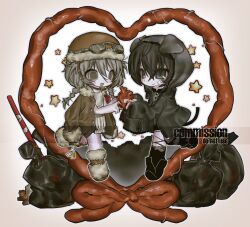 2girls animal_ears animal_hood black_coat brown_coat coat coat_on_shoulders commentary_request commission dog_ears grey_eyes grey_hair guro heart_(organ) highres hood hood_up intestines korean_commentary leg_warmers multiple_girls original senmaze short_hair standing standing_on_one_leg trash_bag