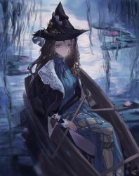 1girl absurdres black_cape black_gloves black_hair black_hat black_sleeves blue_dress blue_eyes boat branch cape dress feet_out_of_frame flower gloves hair_ornament hat high_collar highres holding holding_oar ir0_0616 leaf_hair_ornament lily_pad long_dress long_hair long_sleeves looking_at_viewer oar on_boat parted_lips partially_fingerless_gloves pink_flower prosthesis prosthetic_leg reverse:1999 side_slit single_glove sitting solo water water_lily_flower watercraft willow willow_(reverse:1999) witch_hat