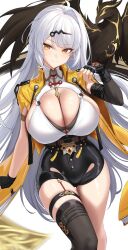 1girl absurdres bird black_gloves black_shorts black_thighhighs blush breasts closed_mouth commentary english_commentary fingerless_gloves gloves hand_up highres huge_breasts jacket kook long_hair looking_at_viewer mole mole_on_breast shorts sideboob smile thigh_strap thighhighs thighs white_background white_hair yellow_eyes yellow_jacket yixuan_(zenless_zone_zero) zenless_zone_zero