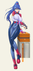 1girl aqua_eyes arekara4nen blue_hair blush bodysuit breasts female_focus gun large_breasts navel ponytail skin_tight smile solo weapon