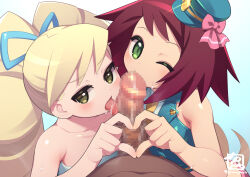 Rule 34 | 1boy, 2girls, bare shoulders, blonde hair, blush, drill hair, fellatio, ffm threesome, green eyes, group sex, gummyrise, heart, heart hands, heart hands duo, licking, licking penis, long hair, luna platz (mega man), mega man (series), mega man legends (series), multiple girls, one eye closed, oral, penis, pov, red hair, short hair, sonia strumm (mega man), threesome, tongue, tongue out, twin drills, upper body
