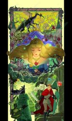 1boy 5girls absurdres aurora_(disney) bird black_boots blonde_hair blue_dress boots brown_hair castle cloak closed_eyes commentary_request crow crown d74335631 diablo_(disney) dragon dress eyeshadow fauna_(disney) fire flore_(disney) flower green_dress hat highres holding holding_flower holding_knife holding_shield holding_sword holding_weapon horns horse knife long_hair makeup maleficent maleficent&#039;s_goons merryweather_(disney) multiple_girls phillip_(disney) pillarboxed pink_lips red_cloak red_dress red_flower red_rose rose samson_(disney) shield sleeping_beauty_(disney) sword twitter_username weapon