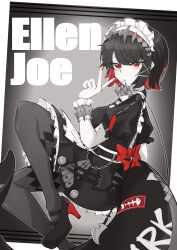1girl absurdres black_hair bow character_name colored_inner_hair ellen_joe fins fish_skeleton fish_tail hair_ornament hairband highres maid maid_headdress metal_hairband mole mole_on_arm mole_under_eye multicolored_hair pantyhose partially_colored qingcha red_bow red_eyes red_hair red_nails shark_girl shark_tail short_hair solo spiked_headband tail two-tone_hair zenless_zone_zero