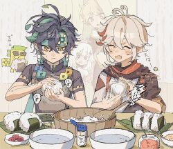1girl 3boys aether_(genshin_impact) ahoge ajaw_(genshin_impact) black_hair bowl closed_eyes food genshin_impact green_eyes highres kaedehara_kazuha kinich_(genshin_impact) multicolored_hair multiple_boys onigiri open_mouth paimon_(genshin_impact) red_hair short_sleeves streaked_hair tokodenashi white_hair