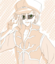 1boy brown_theme coat commentary_request dated_commentary green_eyes hair_between_eyes hat indoors looking_at_viewer male_focus monochrome multicolored_coat newsboy_cap open_mouth priest_(ragnarok_online) ragnarok_online sharari short_hair smile solo spot_color sunglasses two-tone_coat upper_body