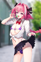 1boy aka_syakkou astolfo_(fate) bikini blurry blurry_background bow bowtie braid braided_ponytail bulge candy choker clothes_lift crossdressing fang fate/grand_order fate_(series) food front-tie_shirt gyaru hair_bow hair_intakes highres lifting_own_clothes lollipop micro_bikini miniskirt multicolored_hair muscular muscular_male nail_polish navel outdoors panties penis penis_in_panties pink_eyes pink_hair pleated_skirt purple_bikini school_uniform shirt single_braid skirt skirt_lift small_penis solo streaked_hair string_bikini swimsuit thighs thong thong_bikini tied_shirt trap underwear