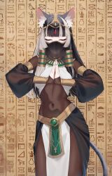 1girl animal_ears aqua_nails black_hair blunt_bangs bodysuit breasts cat_ears cat_tail circlet closed_eyes commentary_request covered_navel hair_ornament hololive hololive_dev_is juufuutei_raden loincloth long_hair medium_breasts mouth_veil multicolored_hair murechika own_hands_together smile solo tail two-tone_hair variant_set veil virtual_youtuber white_hair