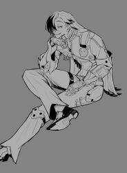 Rule 34 | 1boy, absurdres, belt, boothill (honkai: star rail), collared jacket, cropped jacket, crossed legs, cyborg, elbow on thigh, grey background, greyscale, grin, hair over one eye, highres, honkai: star rail, honkai (series), invisible chair, jacket, long hair, looking ahead, male focus, midriff, monochrome, mrsw0911, multicolored hair, one eye covered, popped collar, short sideburns, simple background, sitting, smile, solo, teeth, thigh belt, thigh strap, two-tone hair, unzipped, zipper