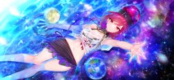 1girl alternate_costume bikini black_bikini breasts chain cleavage closed_mouth clothes_writing commentary_request earth_(ornament) game_cg gold_chain heart hecatia_lapislazuli looking_at_viewer medium_hair miyuki_ruria moon_(ornament) multicolored_skirt navel official_art partially_submerged reaching reaching_towards_viewer red_eyes red_hair sarong see-through_clothes see-through_shirt shirt short_sleeves skirt smile solo stomach swimsuit third-party_source touhou touhou_gensou_eclipse underworld_(ornament) water wet