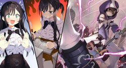 alina_clover anger_vein angry black_hair black_shorts black_skirt blush book boots fire frills gaou_(umaiyo_puyoman) green_eyes guild_no_uketsukejou_desu_ga_zangyou_wa_iya_nanode_boss_wo_solo_toubatsu_shiyou_to_omoimasu hair_ribbon highres hood jacket lightning novel_illustration official_art ribbon shirt shorts skirt surprised teeth thigh_boots war_hammer weapon white_shirt
