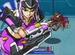 1boy 1girl animated animated_gif armor attack banpresto bodysuit breasts clenched_hand fighting_stance gauntlets green_eyes harken_browning helmet impossible_clothes kaldia_basirissa lowres midriff pink_hair short_hair solo_focus super_robot_wars super_robot_wars_og_saga_mugen_no_frontier super_robot_wars_og_saga_mugen_no_frontier_exceed sword weapon