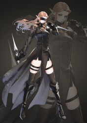 1girl alternate_costume alternate_universe black_blindfold black_boots black_gloves black_jacket black_shorts black_thighhighs blindfold blonde_hair boots breasts dagger dual_wielding earrings full_body gloves highres holding holding_dagger holding_knife holding_weapon jacket jewelry knife kurokawa_karasu long_hair medium_breasts nier:automata nier_(series) nintendo pelvic_curtain pointy_ears princess_zelda short_shorts shorts sidelocks solo the_legend_of_zelda the_legend_of_zelda:_ocarina_of_time thigh_strap thighhighs weapon