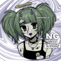 2000s_(style) black_choker choker clothes_writing demon_horns emoticon green_hair horns kaomoji nemasyo_4 open_mouth original teeth twintails yellow_eyes