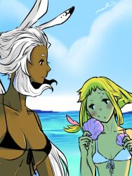 2girls animal_ears blonde_hair blush braid breasts cloud dark-skinned_female dark_skin final_fantasy final_fantasy_xii fran_(ff12) long_hair medium_breasts mochi_(hanamaruudondesu) multiple_girls penelo rabbit_ears red_eyes seashell shell swimsuit twin_braids viera water