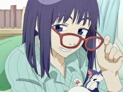 Rule 34 | 1girl, bedroom, cat, flcl, glasses, highres, long hair, ninamori eri, pink punk ponk, purple eyes, purple hair, removing eyewear, shirt, simple background, smile