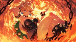 1girl absurdres arm_behind_back armpits black_collar black_dress blonde_hair blue_eyes bowsette breasts collar crossed_legs dress fire highres horns itzah large_breasts long_hair looking_at_viewer mario_(series) new_super_mario_bros._u_deluxe nintendo pixel_art pointy_ears ponytail smile solo spiked_collar spikes super_crown