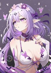 1girl absurdres bikini breasts bug butterfly castorice_(honkai:_star_rail) commentary grey_background hand_on_own_chest head_wreath highres honkai:_star_rail honkai_(series) insect jirafuru large_breasts long_hair parted_lips pointy_ears purple_eyes purple_hair purple_nails simple_background solo stomach swimsuit symbol-only_commentary upper_body white_bikini