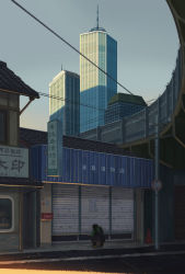 1other building city cityscape commentary_request garage highres morning okayuu original outdoors power_lines road_sign scenery shop sign skyscraper slice_of_life solo squatting traffic_cone utility_pole wide_shot