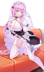1girl absurdres black_choker black_dress blue_eyes breasts butterfly_hair_ornament choker cleavage clothes_lift commentary_request dress dress_lift elbow_gloves elysia_(honkai_impact) elysia_(miss_pink)_(honkai_impact) elysia_(miss_pink_elf)_(honkai_impact) fake_horns garter_straps gloves hair_ornament highres honkai_(series) honkai_impact_3rd horns large_breasts lifting_own_clothes long_hair maid maid_headdress official_alternate_costume panties parted_lips pink_hair solo sorayo_noriyuki thighhighs thighs underwear white_garter_straps white_gloves white_panties white_thighhighs