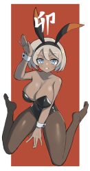Rule 34 | 1girl, absurdres, alternate breast size, alternate costume, arm up, bare shoulders, bea (pokemon), black hairband, black leotard, blonde hair, blue eyes, border, breasts, brown pantyhose, cleavage, collarbone, commentary request, dark-skinned female, dark skin, eyelashes, fingernails, full body, hairband, highres, large breasts, leotard, looking at viewer, nintendo, pantyhose, playboy bunny, pokemon, pokemon swsh, red background, short hair, smile, solo, tsuneshima, white border, wrist cuffs