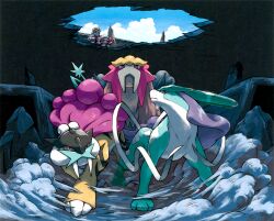 00s 1boy 1girl 3others ^^^ absurdres claws company_name copyright_name creatures_(company) dust english_text entei eusine_(pokemon) game_freak gen_2_pokemon hat highres hole legendary_pokemon logo looking_at_another lyra_(pokemon) multiple_others nintendo official_art pokemon pokemon_(creature) pokemon_hgss raikou rubble sky suicune toyama_kenichi tusks watermark