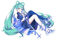 1girl absurdres aqua_eyes aqua_hair aqua_nails asymmetrical_legwear blue_jacket blue_shoes blush braid breasts crop_top earrings hair_ornament hatsune_miku heart heart_earrings highres holding holding_microphone_stand jacket jewelry lingerain long_hair long_sleeves looking_at_viewer magical_mirai_(vocaloid) magical_mirai_miku magical_mirai_miku_(2025) medium_breasts microphone microphone_stand official_alternate_costume official_alternate_hairstyle open_clothes open_jacket open_mouth shoes simple_background smile solo star_(symbol) star_hair_ornament twin_braids twintails very_long_hair vocaloid white_background